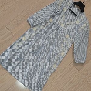 Blue and White Striped Dress with Floral Embroidery